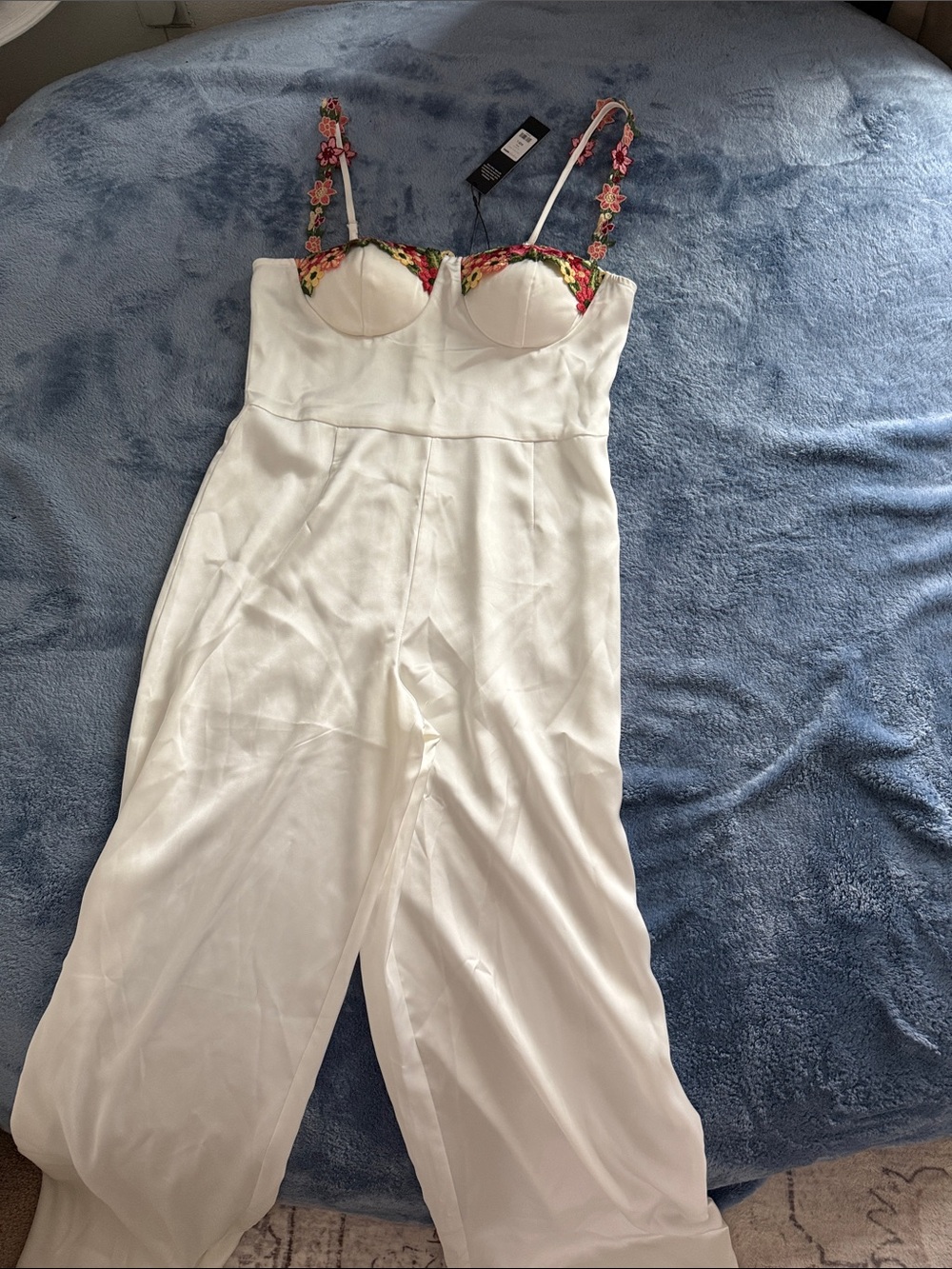 Fashion Nova White Jumpsuit with Pink Floral Straps